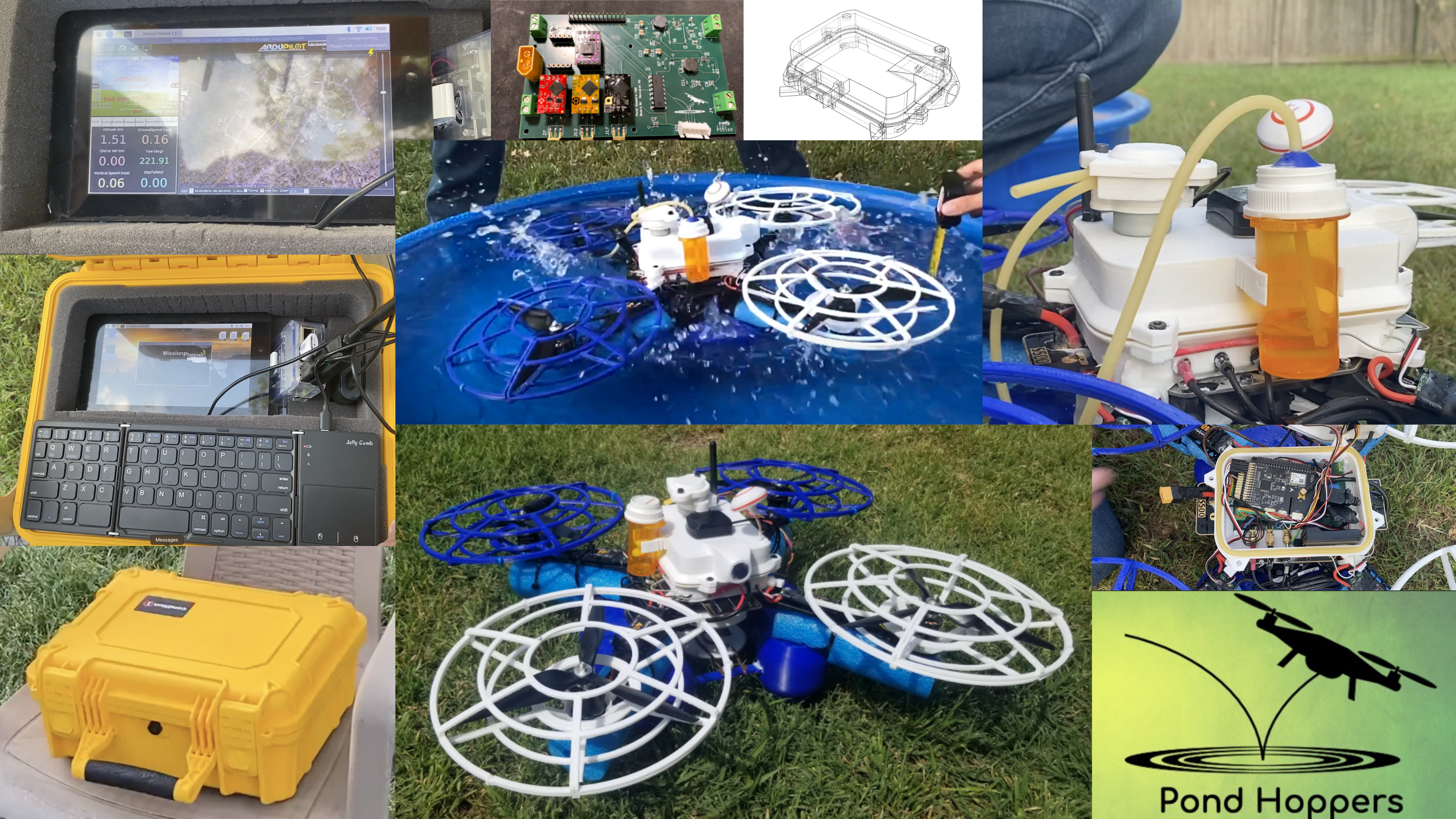 A water research drone and an image of a water drop test with said drone